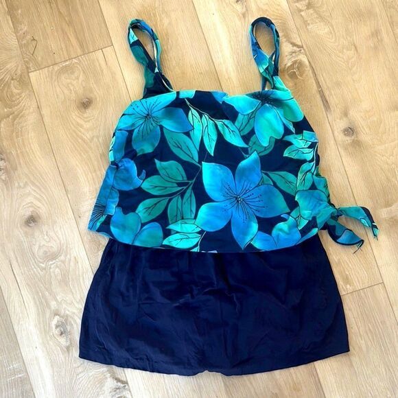 Floral Blue Tankini Top and Skirt Set One Piece Size 1X - Picture 1 of 5